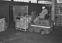 803503 Afbeelding van het beladen van een goederenwagen met een heftruck in de loods van Van Gend & Loos te Nijmegen.